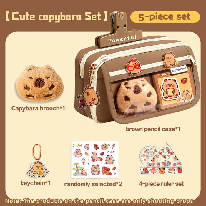 Cute capybara 8-Piece Pencil Box Set, Large Capacity Multi Layer, Canvas Bag, Stationery Storage Box, Suitable for Daily Storage