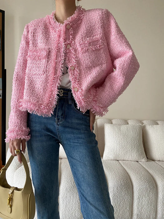 Pink Fringe Fur Shoulder Pad Tweed Jacket Blazer Boucle Crop Coat