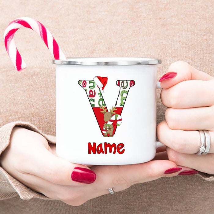 Personlized Reindeer Initial with Name Enamel Cups Christmas Hot Chocolate Mug