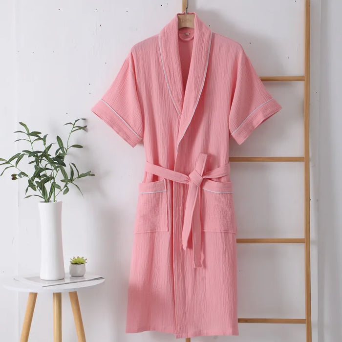 100% Cotton Double Layer Gauze Robes Women&Men Summer Thin Short Sleeves Bathrobe Nightgown Home Service Solid Hotel Bathrobe