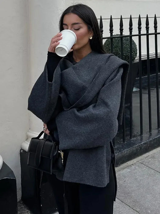 Autumn Gray Knitted Cape Coat with Scarf Women Long Sleeve Loose Cardigan