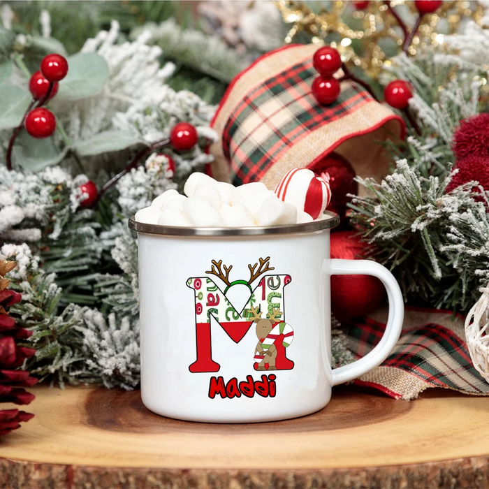 Personlized Reindeer Initial with Name Enamel Cups Christmas Hot Chocolate Mug