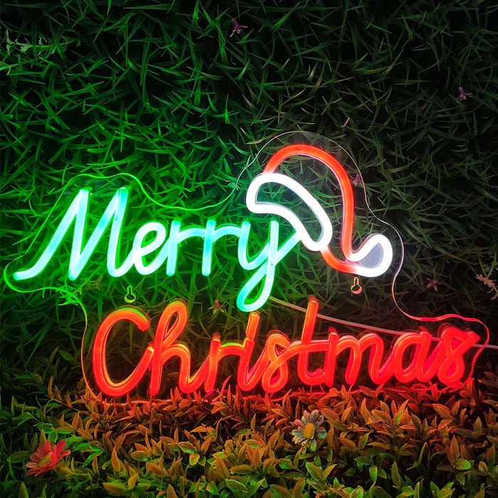 Merry Christmas Neon Sign Christmas Hat Dimmable LED Sign