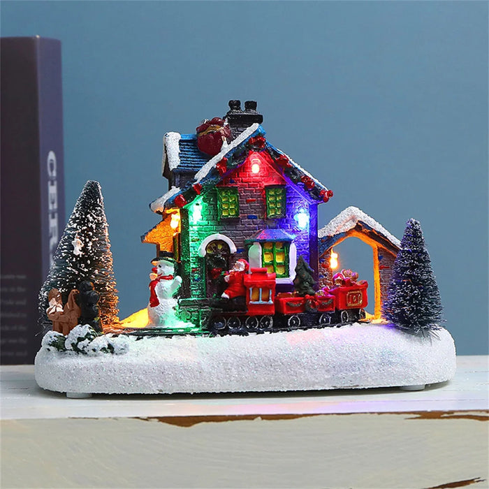 Small Train Christmas Village Figurines LED Lights Luminous Landscape Figurines