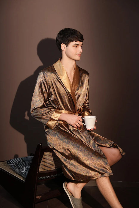 High Quality Nightrobes Men Summer Thin Bathrobe Large Size Ice Silk Printed Pajamas One-piece Robe Male Loungewear Gents Spring
