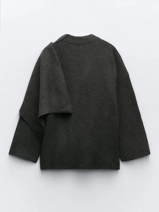 Autumn Gray Knitted Cape Coat with Scarf Women Long Sleeve Loose Cardigan
