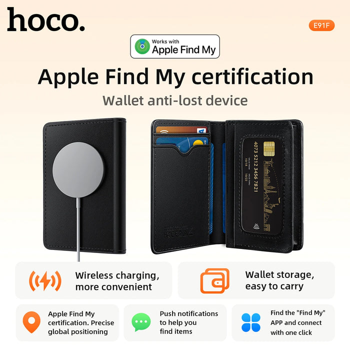 HOCO E91F Smart Anti-lost Card Holder With Wireless Charging Wallet Tracker Use with Apple Find My APP Locator for Travel Purse