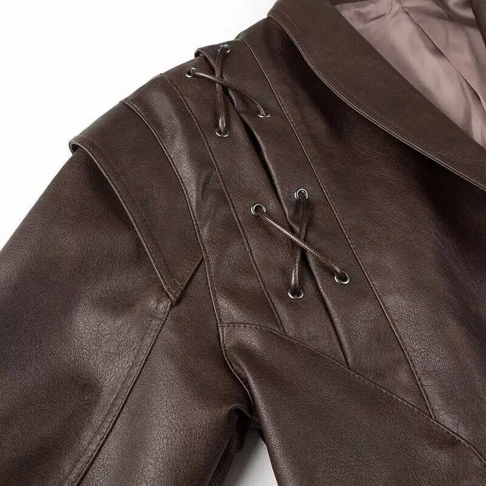 Fashion Lapel Lace Up Pu Leather Jacket Long Sleeve