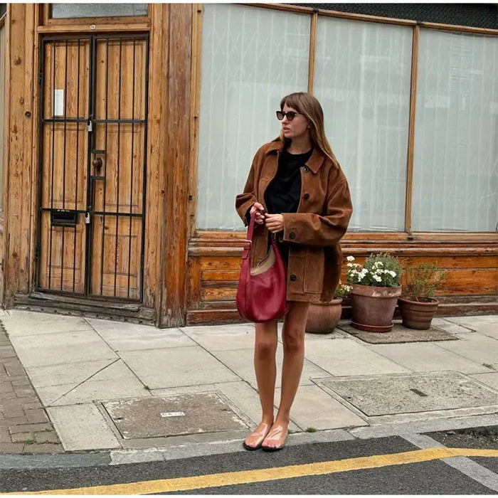 Retro Caramel Suede Leather Blazer Lapel Casual Single Breasted Loose Pocket