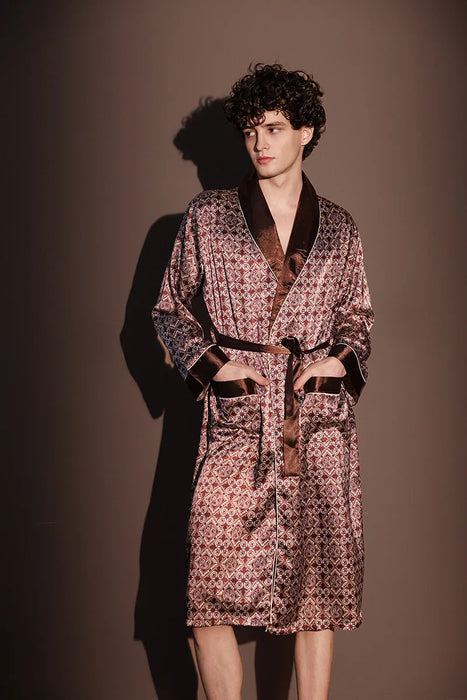 High Quality Nightrobes Men Summer Thin Bathrobe Large Size Ice Silk Printed Pajamas One-piece Robe Male Loungewear Gents Spring