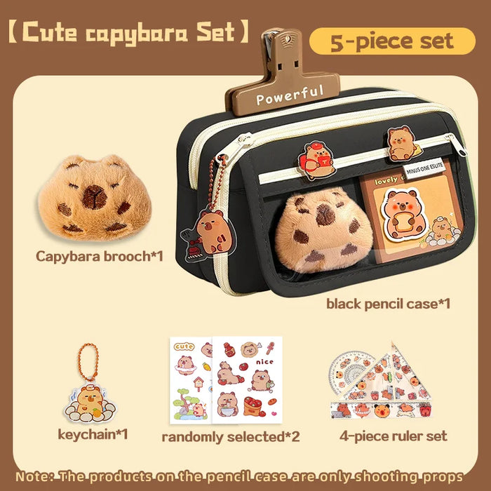 Cute capybara 8-Piece Pencil Box Set, Large Capacity Multi Layer, Canvas Bag, Stationery Storage Box, Suitable for Daily Storage