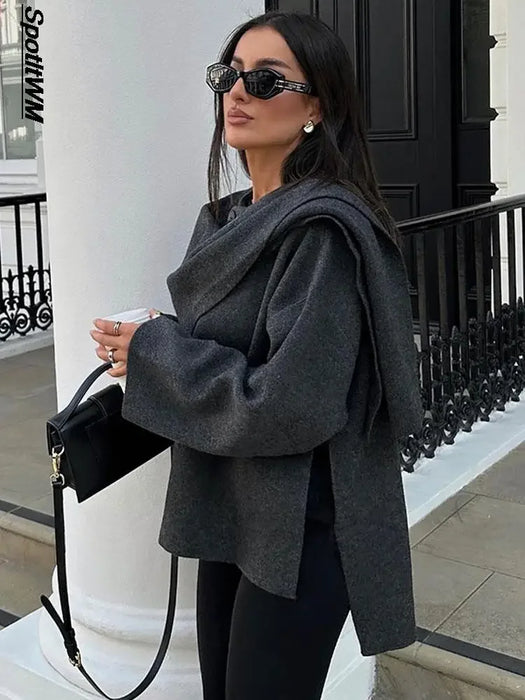 Autumn Gray Knitted Cape Coat with Scarf Women Long Sleeve Loose Cardigan