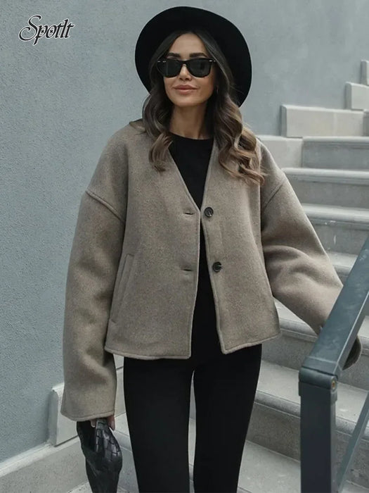 Women's Fashion V Neck Warm Coat Elegant Button Long Sleeve