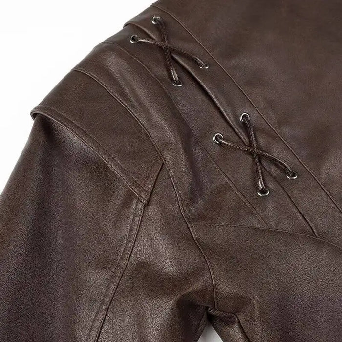 Fashion Lapel Lace Up Pu Leather Jacket Long Sleeve