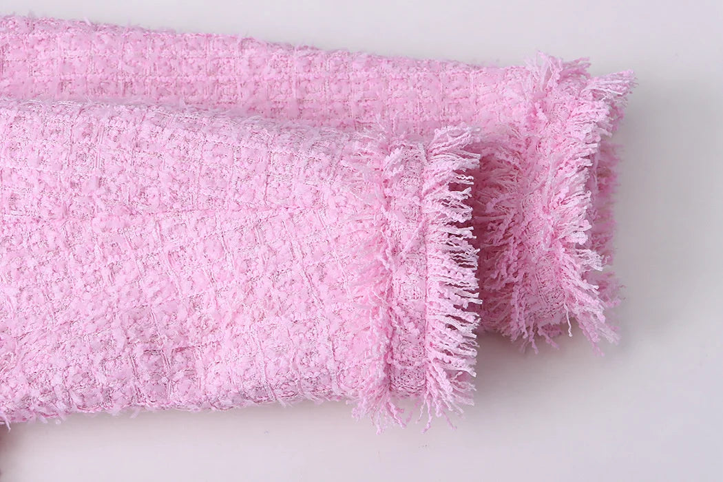 Pink Fringe Fur Shoulder Pad Tweed Jacket Blazer Boucle Crop Coat