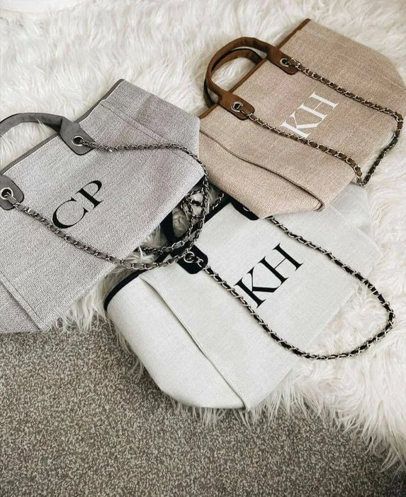 Personalised Chain Monogram Canvas Tote Bag Shoulder Bag