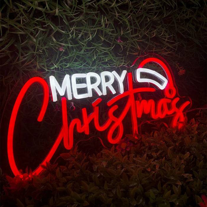 Merry Christmas Neon Sign Christmas Hat Dimmable LED Sign