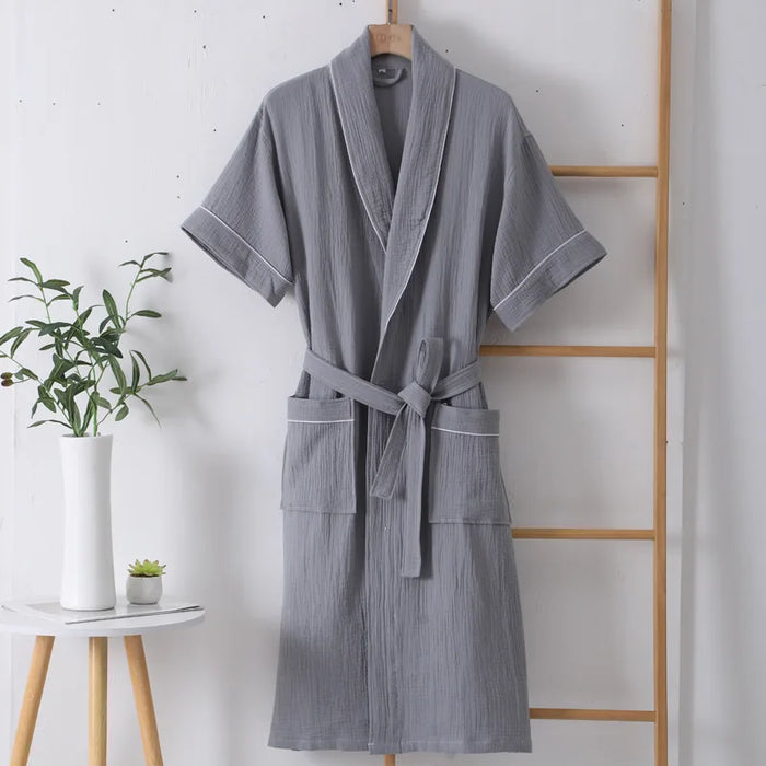 100% Cotton Double Layer Gauze Robes Women&Men Summer Thin Short Sleeves Bathrobe Nightgown Home Service Solid Hotel Bathrobe
