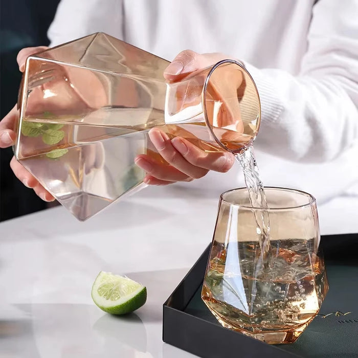 Nordic Diamond Shape Glass Water Kettle with Natural Wood Ball Lid Clear Cold Water Jug Juice Beverage Pitcher Home Drinkware