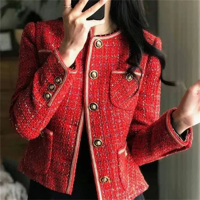 Vintage Red Tweed Coat French Vintage Loose and Versatile