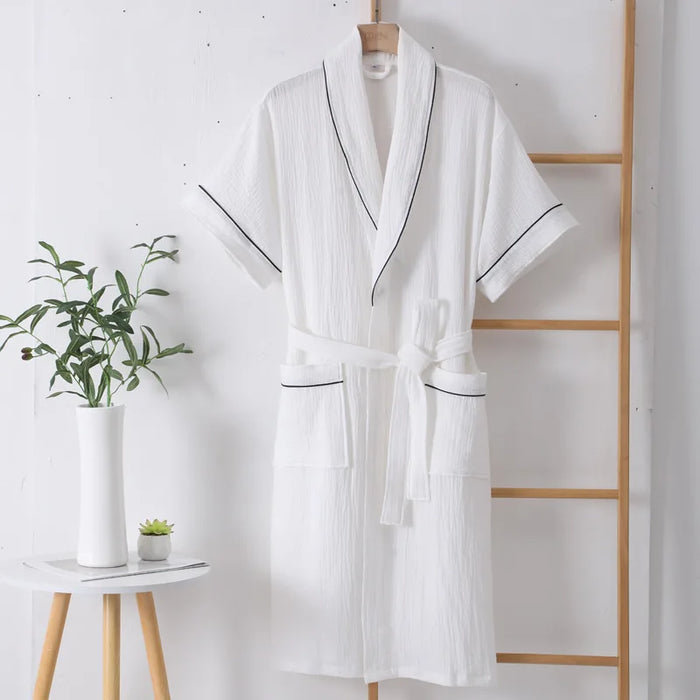 100% Cotton Double Layer Gauze Robes Women&Men Summer Thin Short Sleeves Bathrobe Nightgown Home Service Solid Hotel Bathrobe
