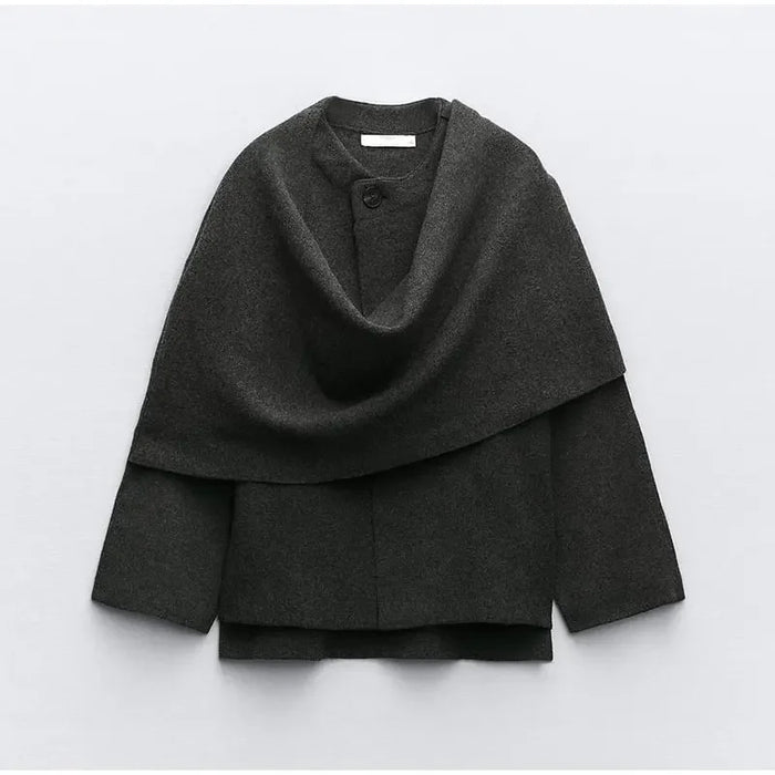 Autumn Gray Knitted Cape Coat with Scarf Women Long Sleeve Loose Cardigan