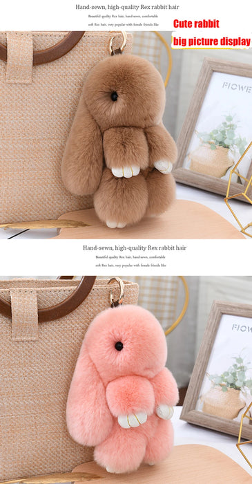 Fluffy Cute Bunny 18CM Real Fur Keychain Rex Rabbit Pom Pom Gift Toy Doll Women Bag Pendant Charm Car Key Keyring Metal ring