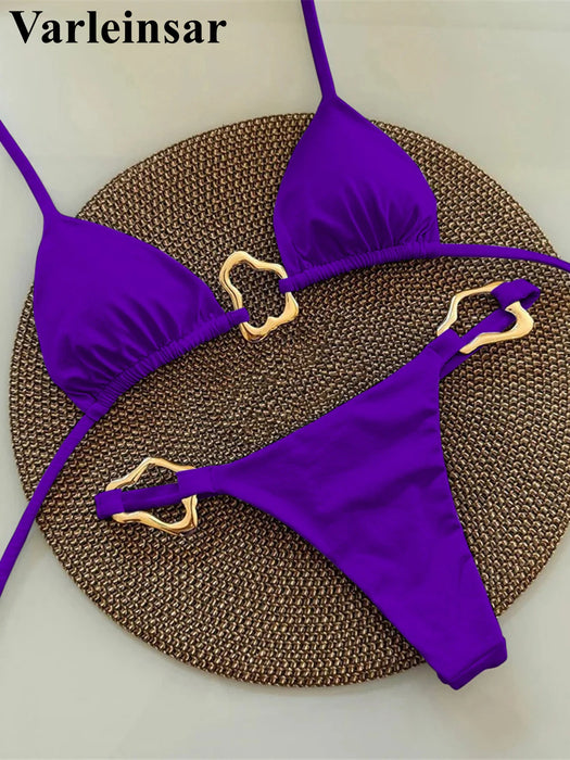S - XL New 7 Colors Halter Metal Ring Bikini Female Swimsuit Women Swimwear Two-pieces Bikini set Bather Bathing Suit Swim V6406