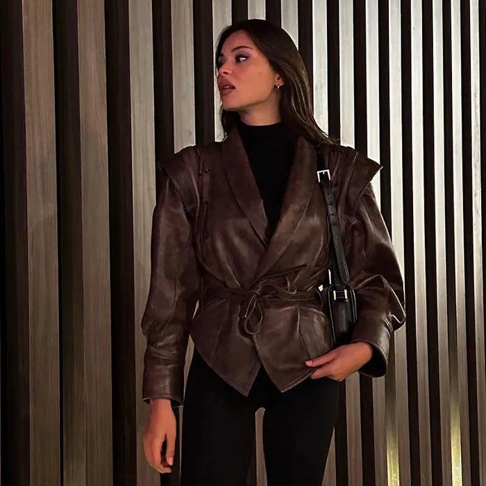 Fashion Lapel Lace Up Pu Leather Jacket Long Sleeve