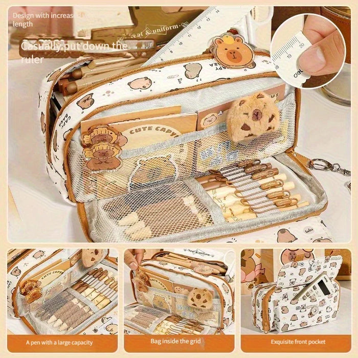 1pc Capybara Pencil Case - Large Capacity Cute Animal Print Makeup & Stationery Organizer with Zipper Closure, Fabric Pen Bag