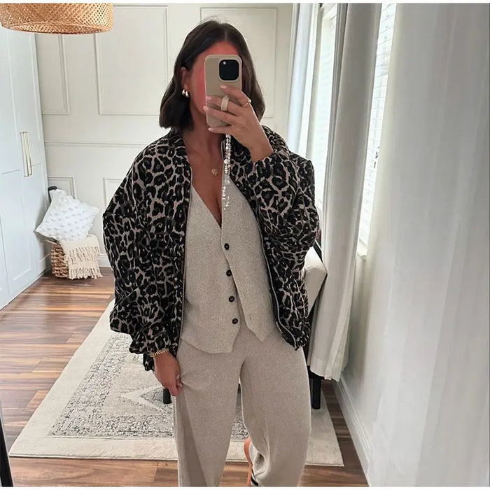 Fashion Leopard Zipper Long Sleeved Women's Jacket Retro Round Neck