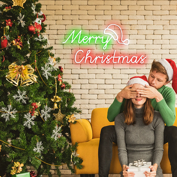 Merry Christmas Neon Sign Christmas Hat Dimmable LED Sign