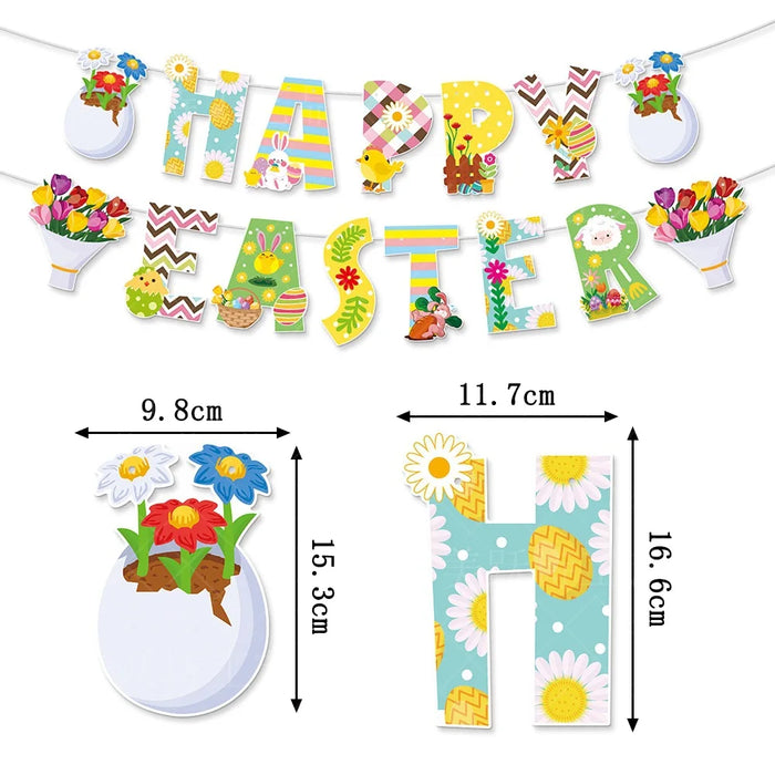 Happy Easter Banner Easter Wreath Easter Eggs Bunny Hanging Swirls Ornaments Indoor Outdoor Spring Easter Themed Party Supplies