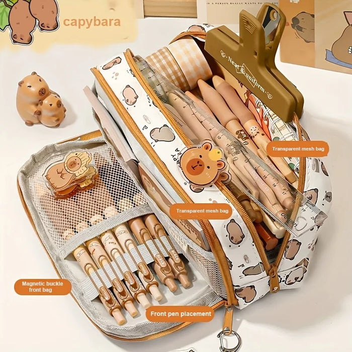 1pc Capybara Pencil Case - Large Capacity Cute Animal Print Makeup & Stationery Organizer with Zipper Closure, Fabric Pen Bag