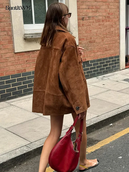 Retro Caramel Suede Leather Blazer Lapel Casual Single Breasted Loose Pocket
