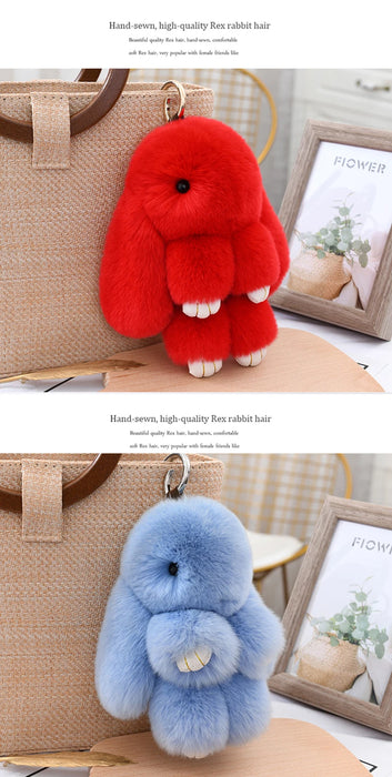 Fluffy Cute Bunny 18CM Real Fur Keychain Rex Rabbit Pom Pom Gift Toy Doll Women Bag Pendant Charm Car Key Keyring Metal ring