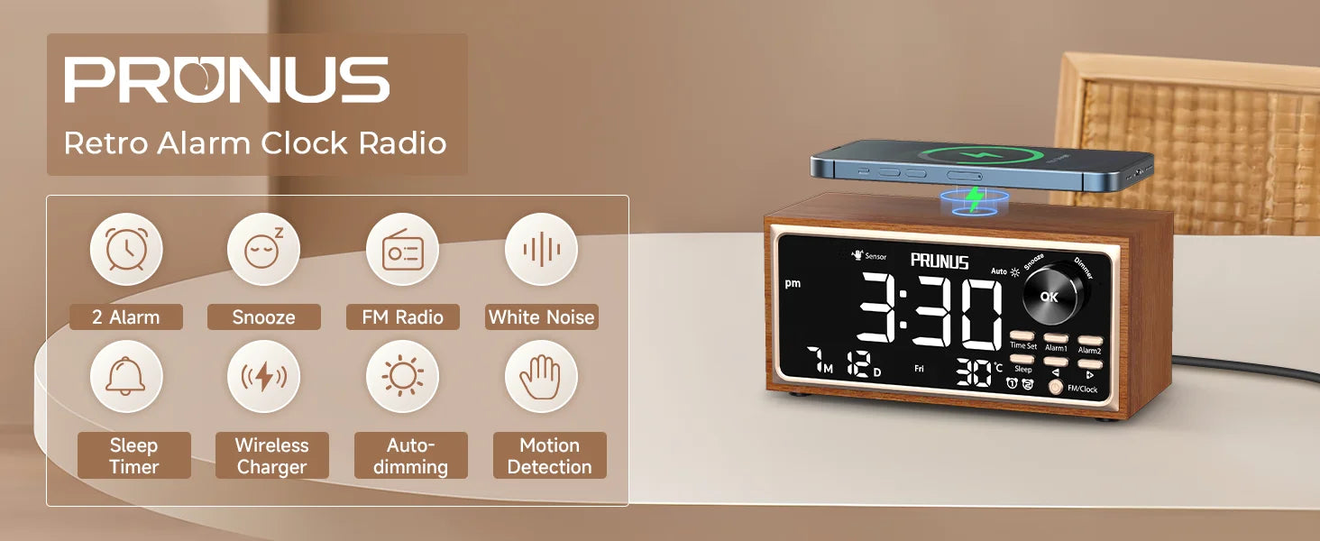 Retro Vintage Dual Alarm Clock Radio FM 15W Fast Wireless Charging LED Display Dimmer Control Auto-Dimming Retro Clock Bedroom