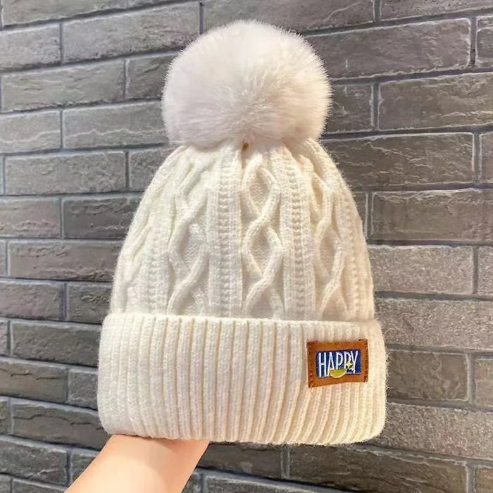 Autumn and Winter Women's Pompom Knitted Hat Women Solid Color Thicken Plush Beanie Cap Female Autumn Warm Crochet Hats