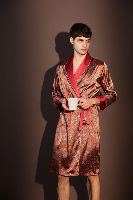 High Quality Nightrobes Men Summer Thin Bathrobe Large Size Ice Silk Printed Pajamas One-piece Robe Male Loungewear Gents Spring