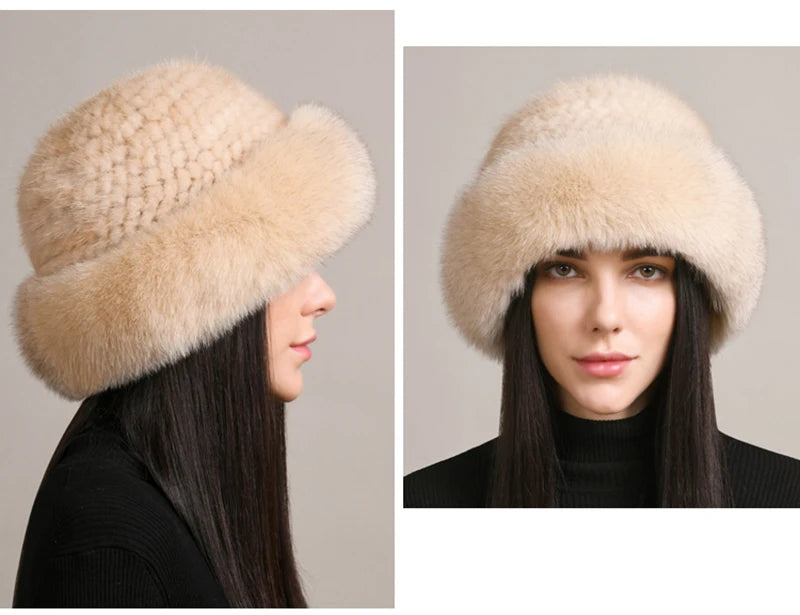 New Women Winter Luxury Knitted Real Mink Fur Bomber Hat Natural Warm Fox Fur Cap Girls Quality Soft 100% Genuine Mink Fur Hats