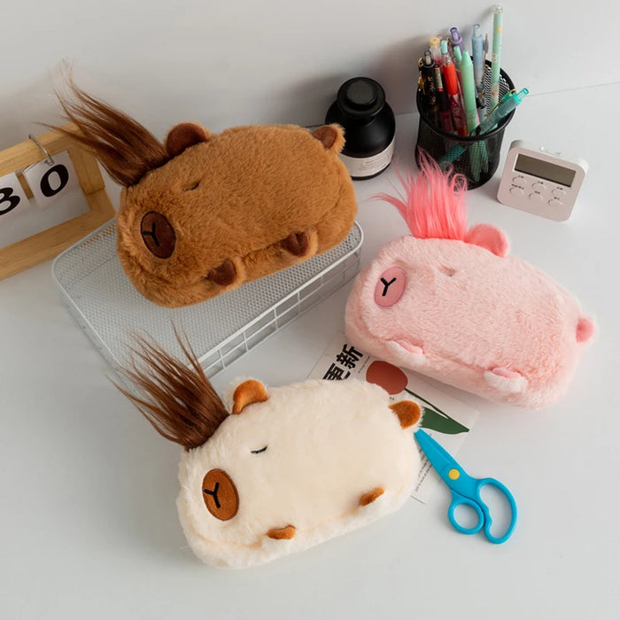 Large Capacity Pen Bag Cartoon Pencil Bag Student Capybara Plush Stationery Storage Bag Learning Stationery Supplies