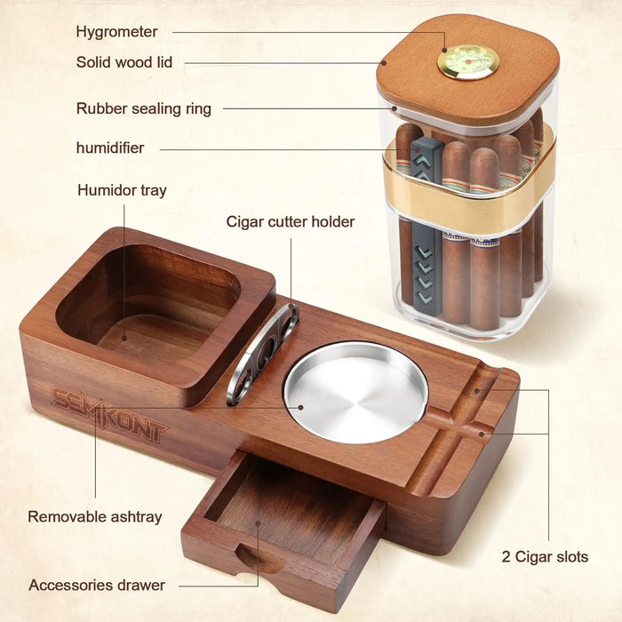 Cigar Humidor Cigar Ashtray Set Wooden Jar With Hygrometer Humidifier Cigar Gifts for Men