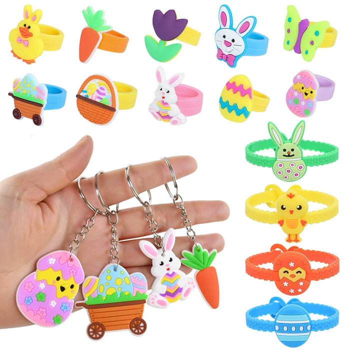 Easter Kids Gift Rabbit Eggs Bracelets Silicone Ring Keychains Happy Easter Birthday Party Favors Goodie Bag Basket Filler Toys