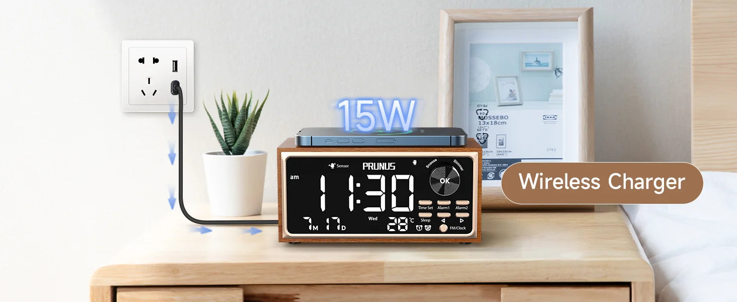 Retro Vintage Dual Alarm Clock Radio FM 15W Fast Wireless Charging LED Display Dimmer Control Auto-Dimming Retro Clock Bedroom