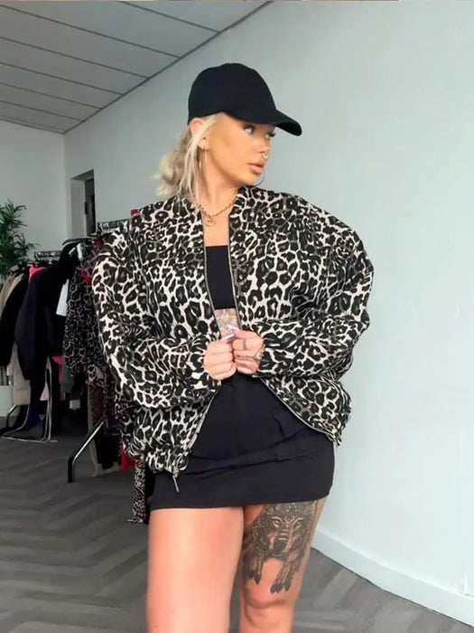 Fashion Leopard Zipper Long Sleeved Women's Jacket Retro Round Neck