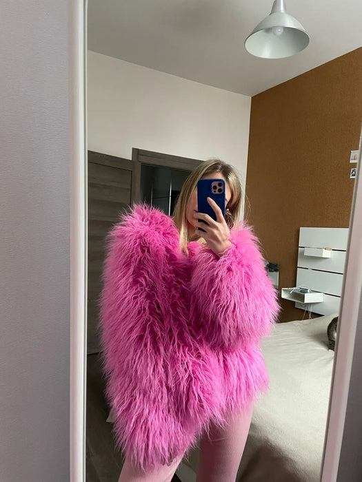 Fur Coats Women Fashion Pink Faux Fur Coat Elegant Thick Warm