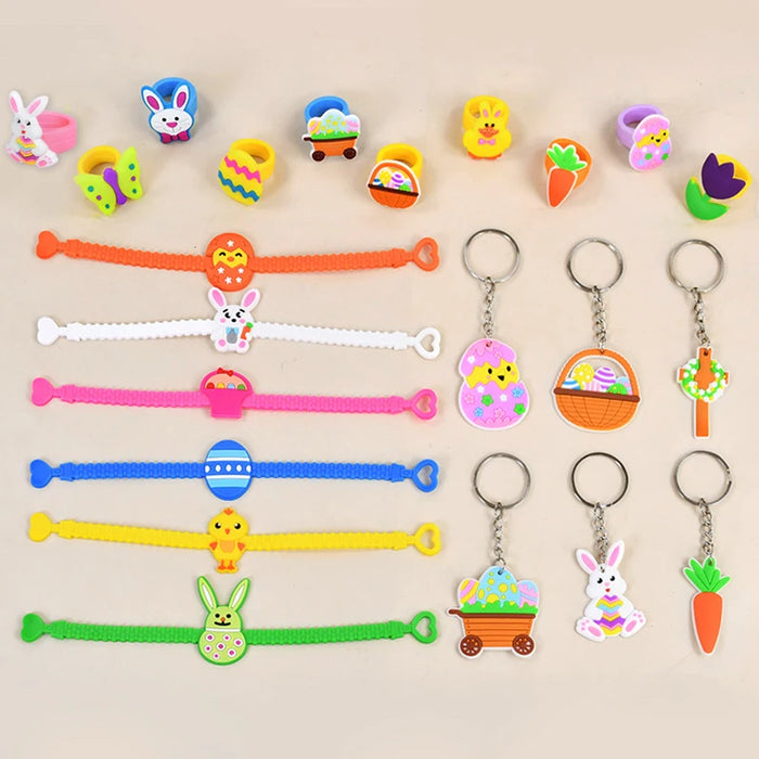 Easter Kids Gift Rabbit Eggs Bracelets Silicone Ring Keychains Happy Easter Birthday Party Favors Goodie Bag Basket Filler Toys