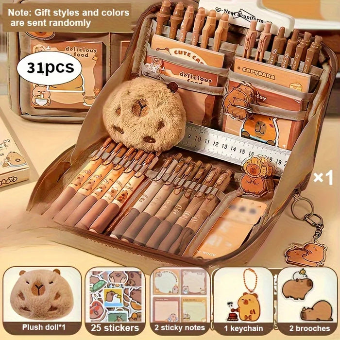 31pcs Capybara Stationery Set, Cute Capybara Pencil Case, Multi-Layer School Pencil Box with Stickers, Keychain, Brooch
