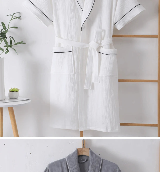 100% Cotton Double Layer Gauze Robes Women&Men Summer Thin Short Sleeves Bathrobe Nightgown Home Service Solid Hotel Bathrobe