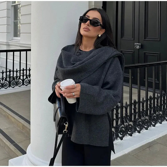 Autumn Gray Knitted Cape Coat with Scarf Women Long Sleeve Loose Cardigan